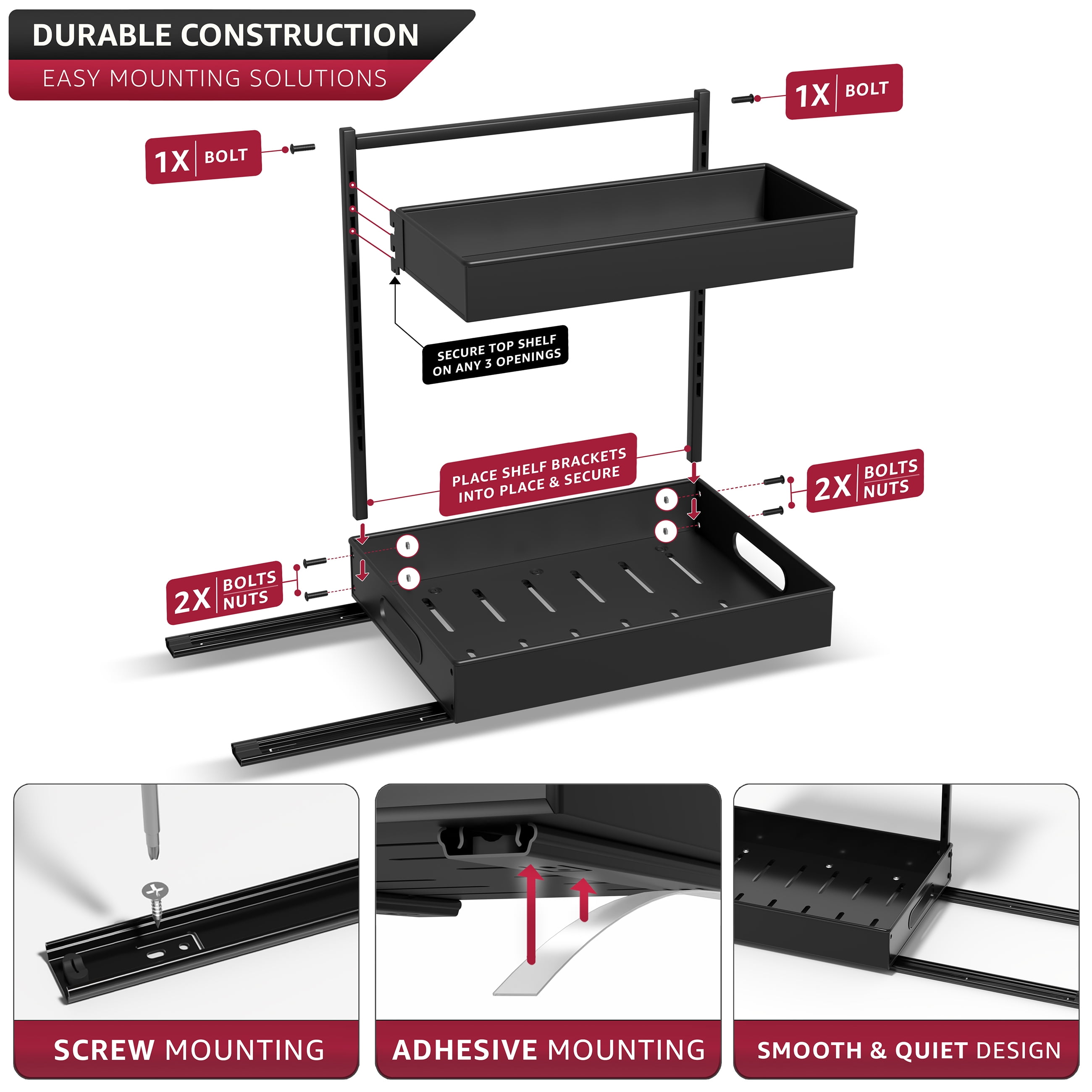 Sorbus 2-Tier Under Sink Organizer with Sliding Drawers, No-Drill Storage Rack (2 pack Black)
