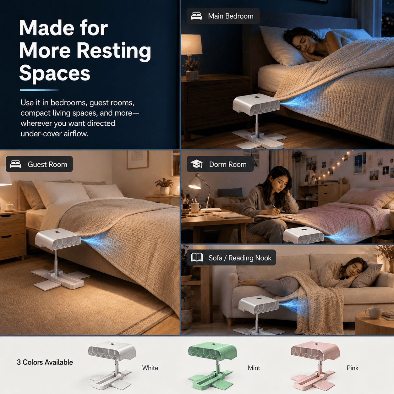 Breezel for Hot Sleepers, Breezel Bed Cooling Fan, Directed Airflow Conveyance with Adjustable Supports, Silent Operation with Cordless Power Supply and Five-Speed Adjustment, Ideal for Indoor