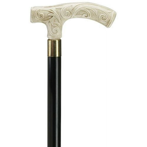 Walking Cane Antique Simulated Ivory Derby handle with Intricate Scrolling black wood shaft, 36" long with rubber tip.