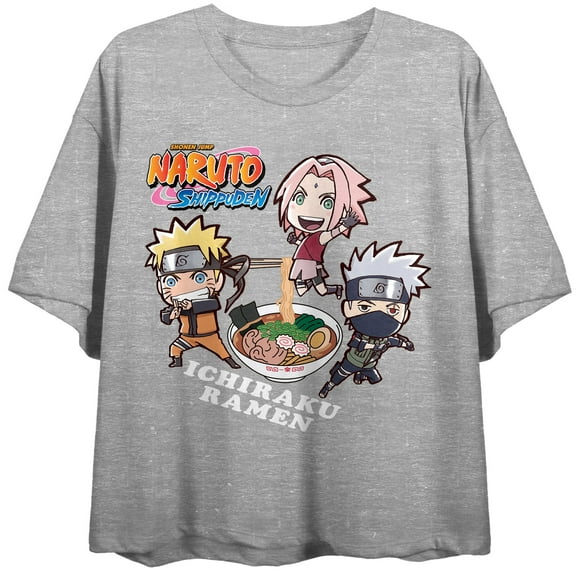 Naruto Shippuden Chibi Characters Eating Ramen Athletic Heather Women's Crop-XS