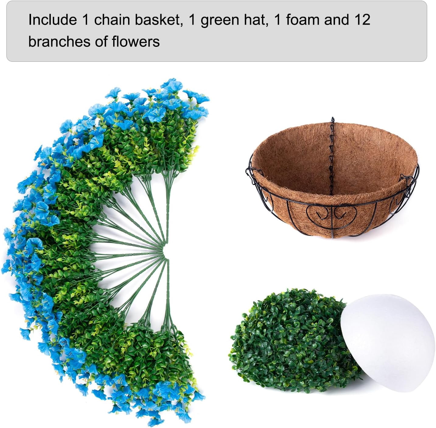 Artificial Fake Hanging Outdoor Plants Flowers with Basket, Faux Silk Blue Morning Glory Eucalyptus Floral Arrangement Look Real UV Resistant for Outside Porch Patio Balcony Home Decor
