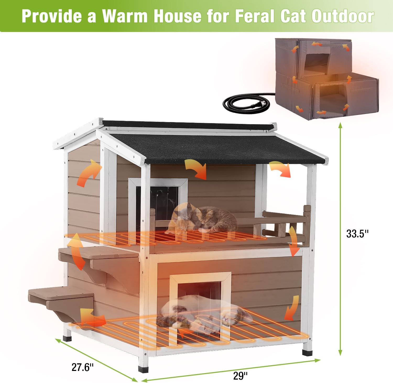 MEDEHOO Heated Cat House Outdoor 2 Story Insulated Liner Feral Cat Shelter Weatherproof for Outside with Heated Pad（Brown）