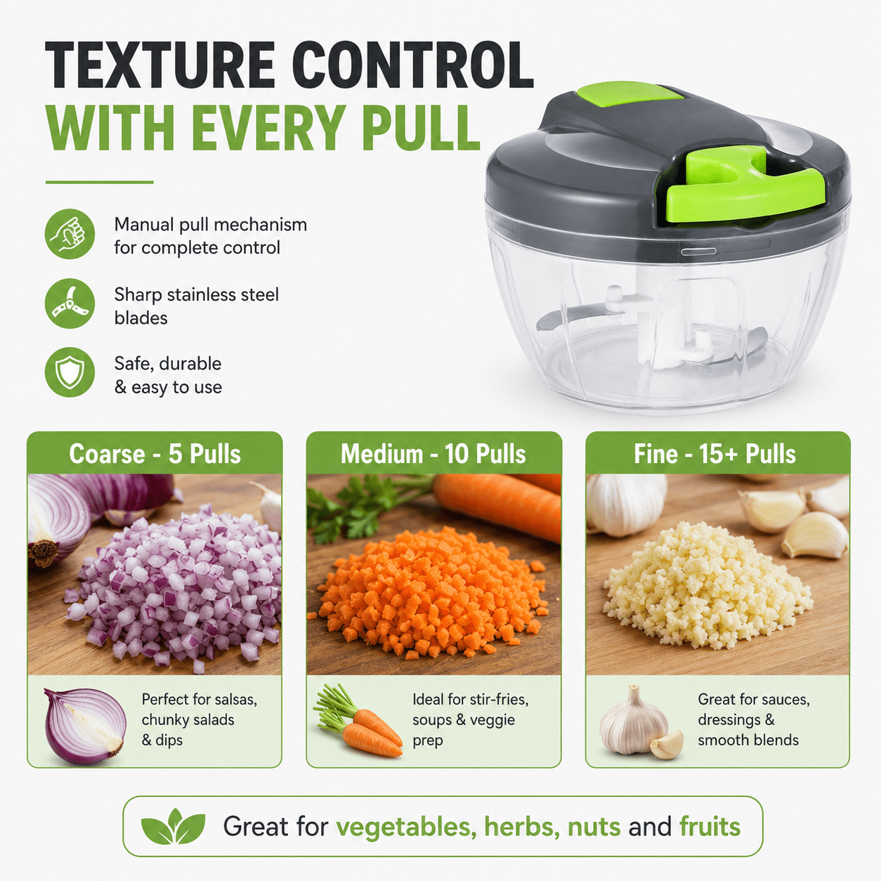 Manual Food Processor Vegetable Chopper, 500ml Hand Pull Garlic Mincer Onion Cutter for Vegetables, Fruits, Nuts, Herbs, Ginger, Gray Green
