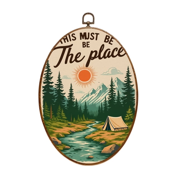Canvas Wall Art Vintage Happy Adventure Campsite Tent Rustic Home Decor Mountain Oval Framed Canvas Prints Vintage Wall Hanging Decor for RV Wall Campsite Decor 8.6"x11.4"