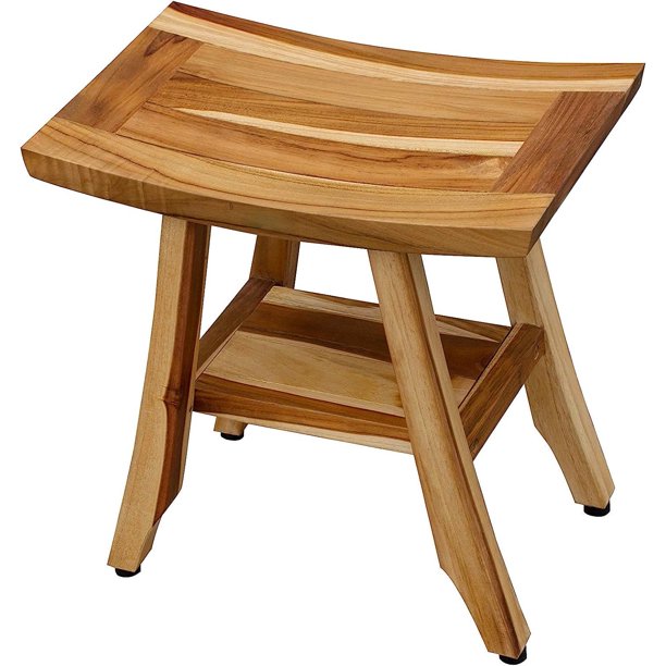 Shower Stool Teak Wood Shower Bench with Curved Seat and Shelf 17\u2033