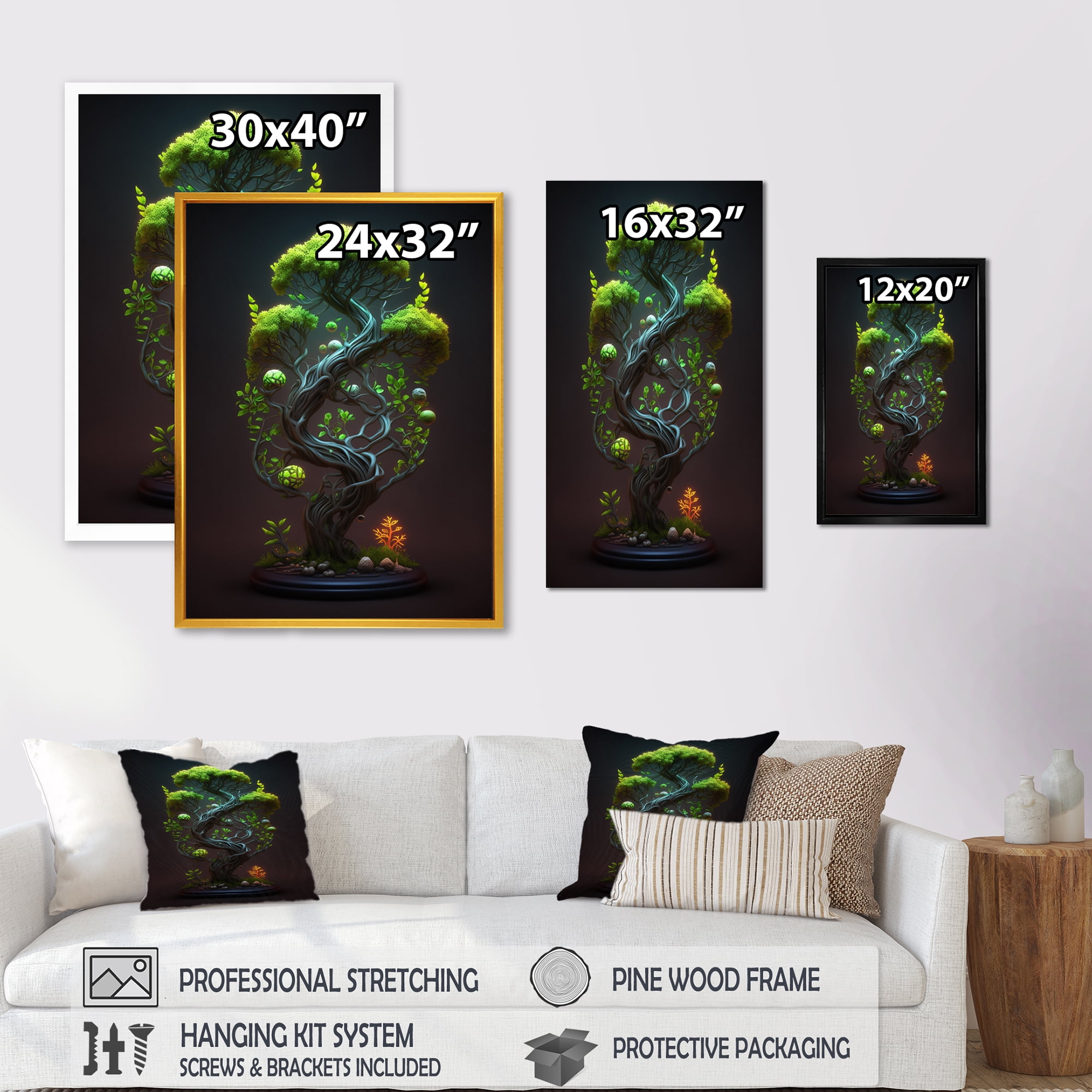 Designart Neon Bonsai Swirl Tree V Canvas Wall Art