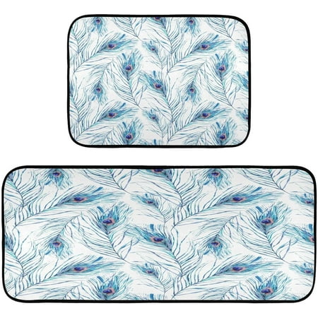 

BESTKITTY Watercolor Peacock Feathers Kitchen Mat - Cushioned Anti Fatigue Kitchen Rug Set of 2 Non Slip Waterproof Kitchen Mats for Kitchen Laundry Sink Office 19.7 ×27.6 +19.7 ×47.2