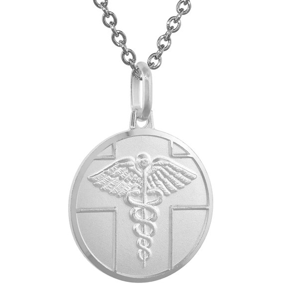 Sterling Silver Medical Alert Necklace Round with 24 inch Surgical Steel Chain Italy, 3/4 inch,