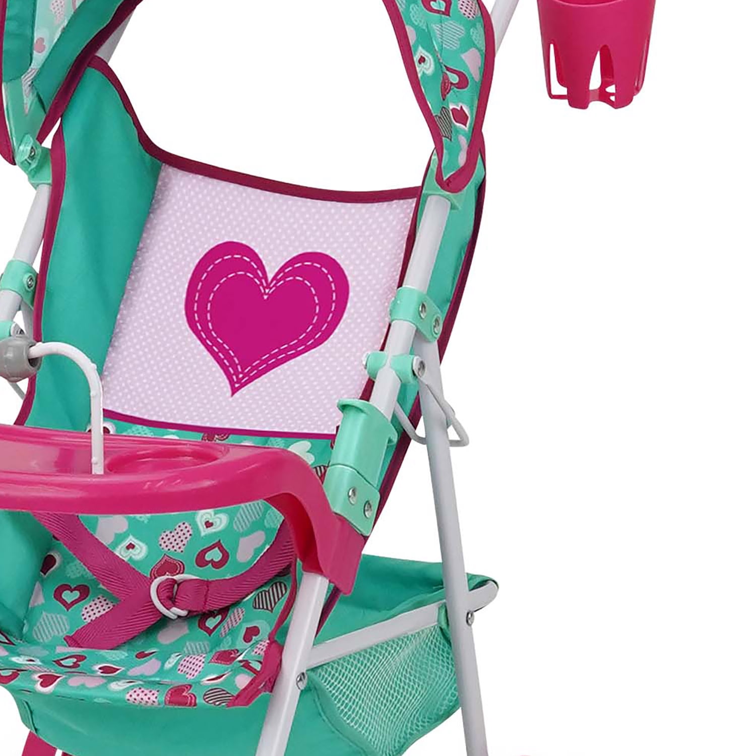 509 Crew: Mint Heart - Sarah Doll Stroller - Hot Pink & Green, Cup Holder, Tray Play, Storage Basket, Folding Accessory, Pretend Play Toy, Kids 3+