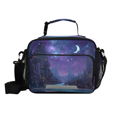 6L Large Capacity Student Lunch Bag Insulated Cooler Bag with Reflective Strip Crossbody Portable Printed Lunch Tote Alien Fantasy Purple City