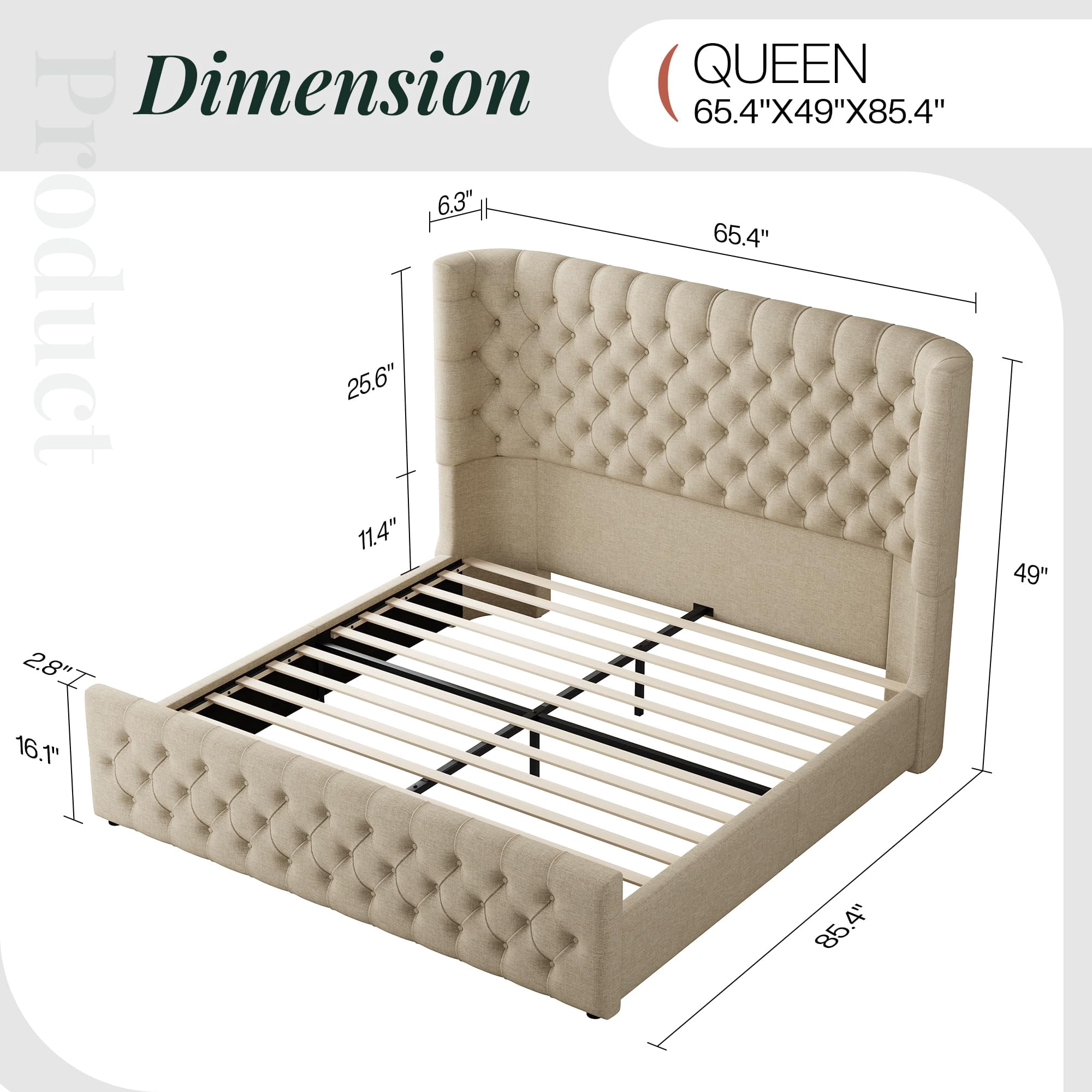 Amerlife Queen Bed Frame with 49” Upholstered Wingback Headboard, Noise-Free Platform Bed with Steel Frame and Slip-Resistant Edges, Khaki