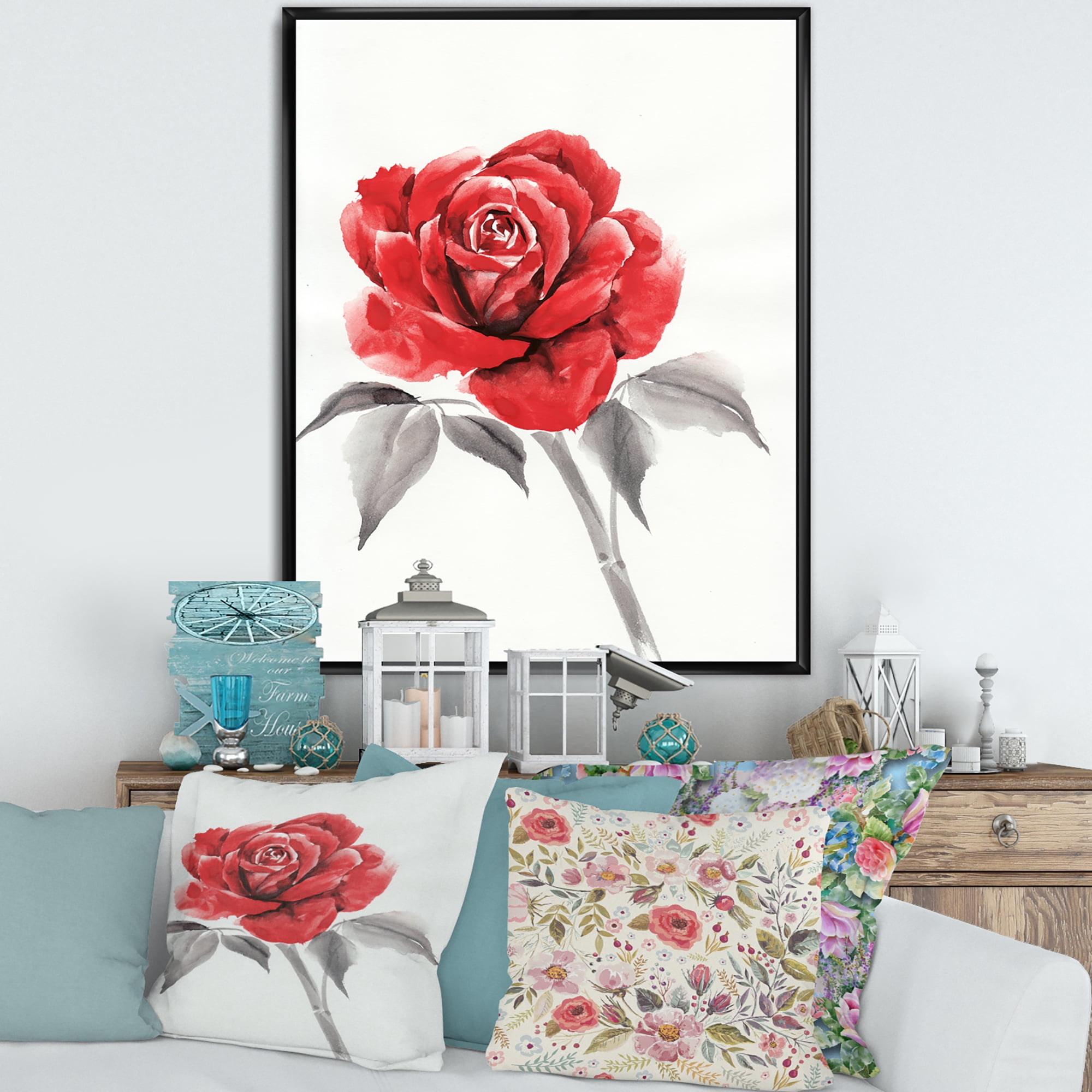Designart 'Ancient Red Rose Flower I' Traditional Framed Canvas Wall Art Print