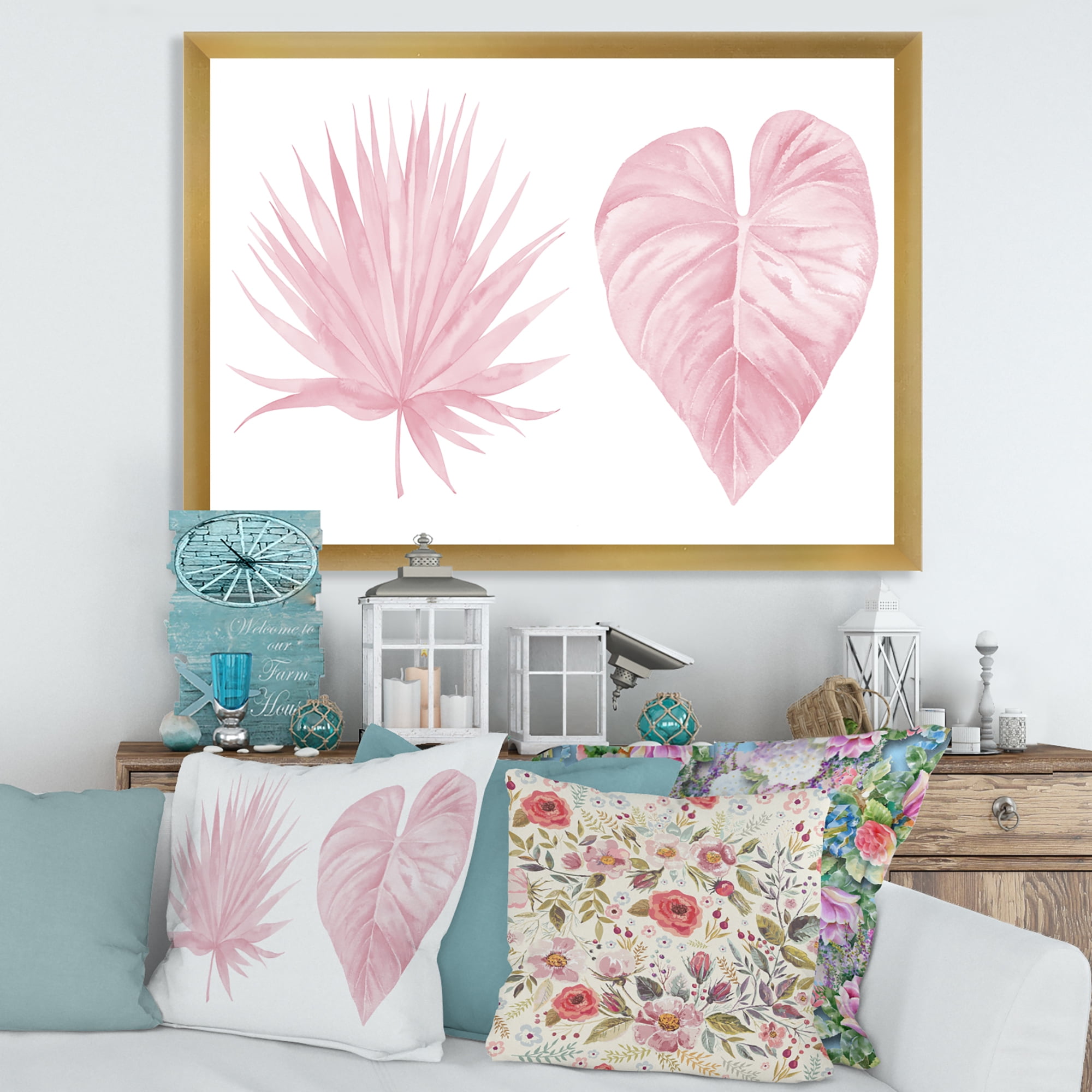 Designart 'Tropical Pink Watercolour Leaves On White II' Shabby Chic Framed Art Print