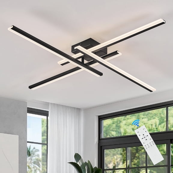 Black Modern Led Chandelier 4-Lights Semi-Flush Mount Ceiling Lighting Fixture 35.4” Dimmable Remote Control Ceiling Light for Living Room Bedroom Kitchen Foyer