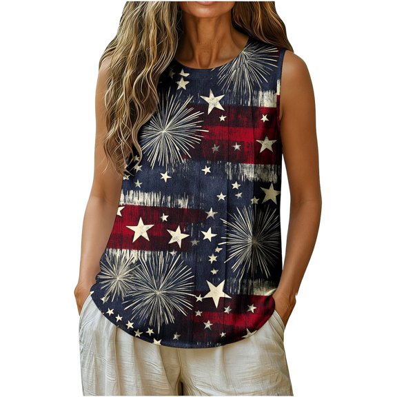 Jsaierl Independence Day Tank Tops for Women Casual Patriotic American Flag Graphic Tees Loose Fit Sleeveless T Shirts Cami Athletic Crewneck Tanks S-XXL