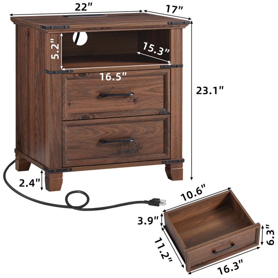 Leyaoyao Farmhouse Nightstand with Charging Station, 3-Tier Night Stand with Open Shelf, Modern Bedside Table for Living Room, Bedroom, Brown