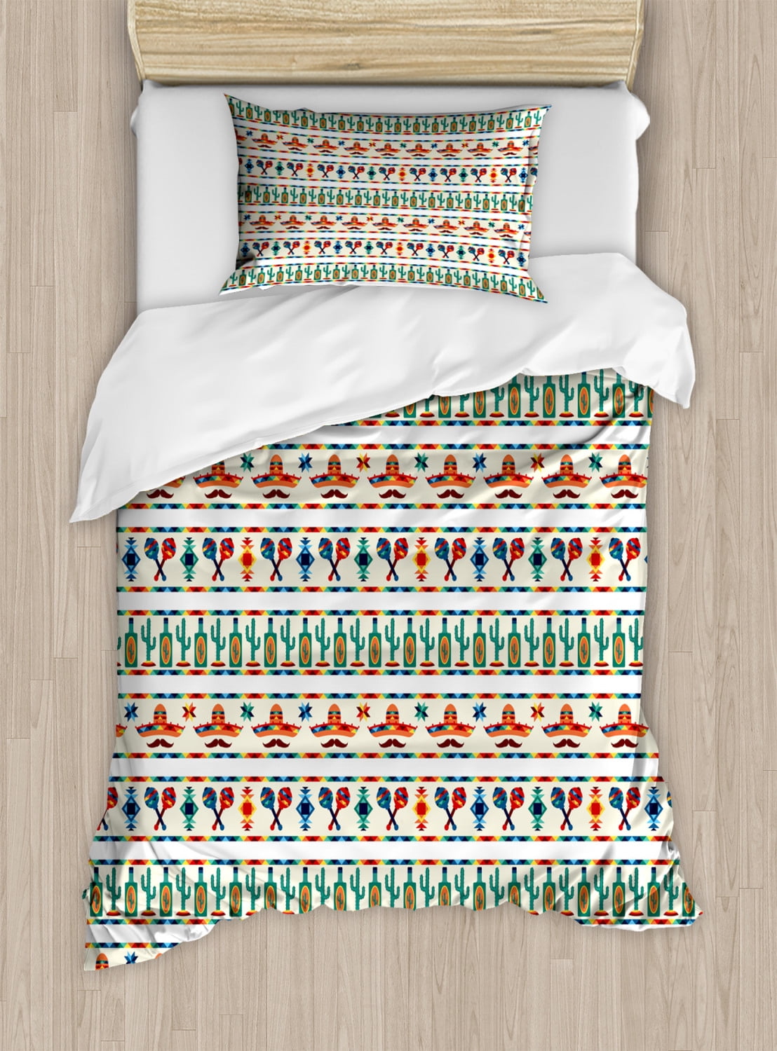 Mexican Duvet Cover Set Twin Size, Latin American Cultural Native