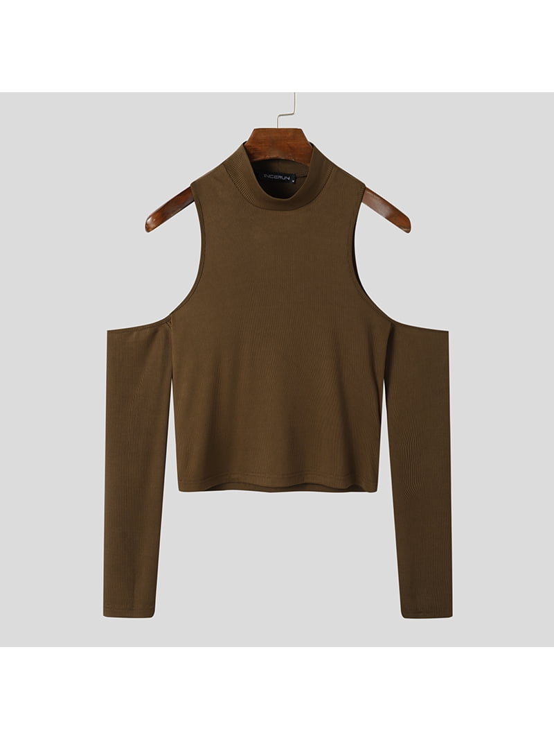 Men's Solid Color Long Sleeve Off-Shoulder Cutout T-Shirt