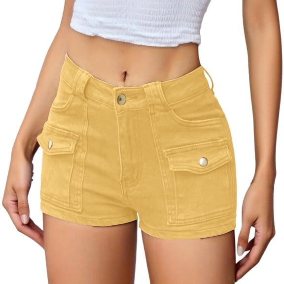 Qgtaibl Womens Cargo Denim Shorts High Waisted Button Casual Jean Shorts with Multi Pockets Summer Lightweight Straight Leg Mini Jorts Khaki S