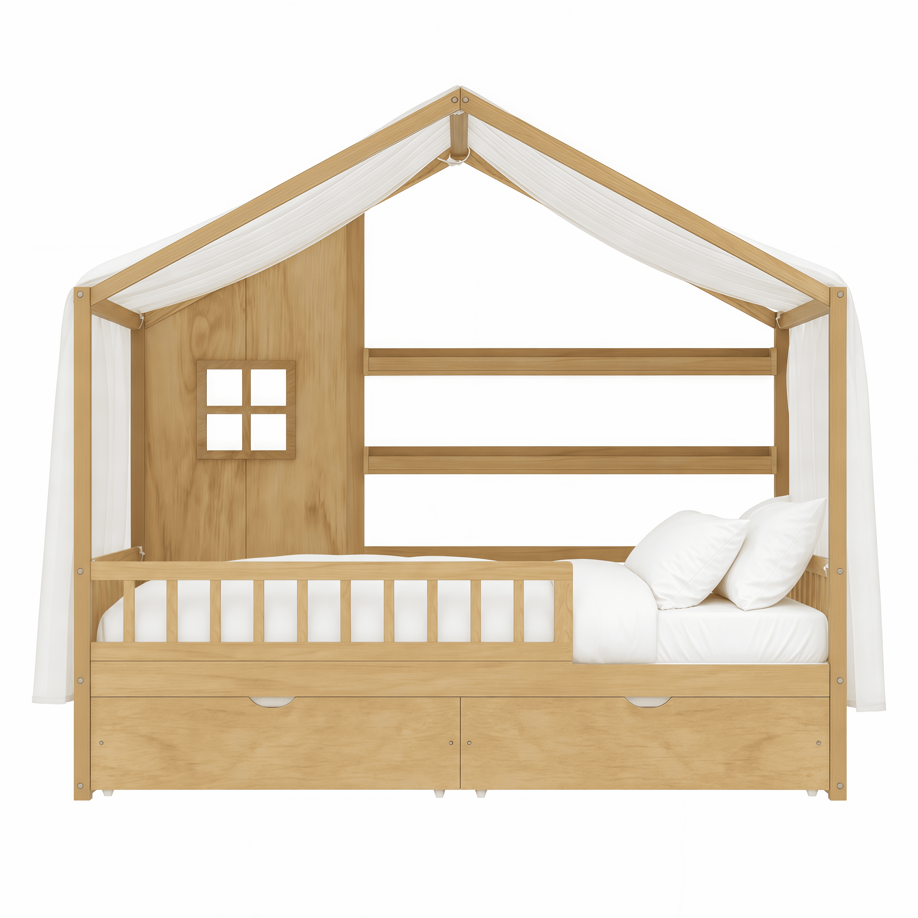 Euroco Wood Twin Size House Bed with Roof and Curtains, Montessori Floor Bed with Drawers and Safety Guardrails,No Box Spring Needed, Natural