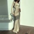 thumbnail image 4 of Women Elegant Classy Fall Long Bell Sleeve Ruched Bodycon Fitted Cocktail Party Slit Dress L, 4 of 8
