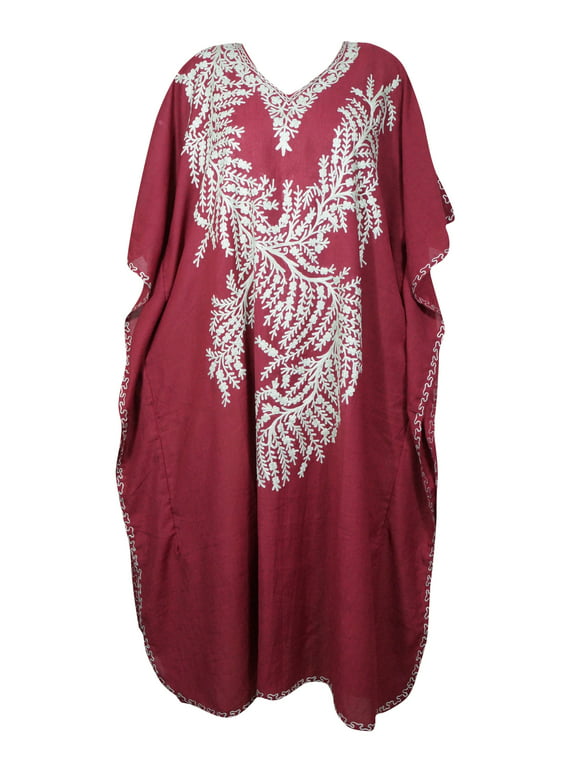 Mogul Women Maroon Kaftan Dress Beach Lounger Caftan Beautiful Floral Hand Embroidered Tunic Dresses 3XL
