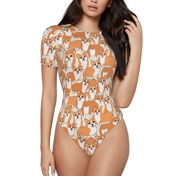 Naloa Corgi Animal Women's Short-Sleeved Onesie, One-Piece Swimsuit for Parties, dates, clubs - Small