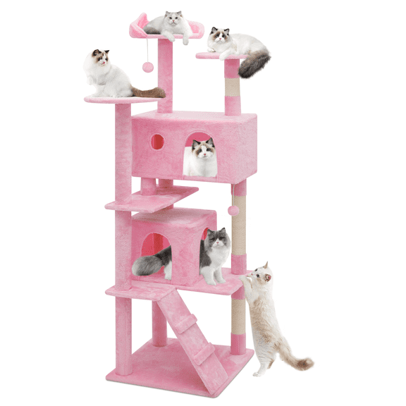 Magshion 70" Cat Tree & Cat Condo Scratching Post Tower with Top Cat Perch and Cat Caves, Soft Pink