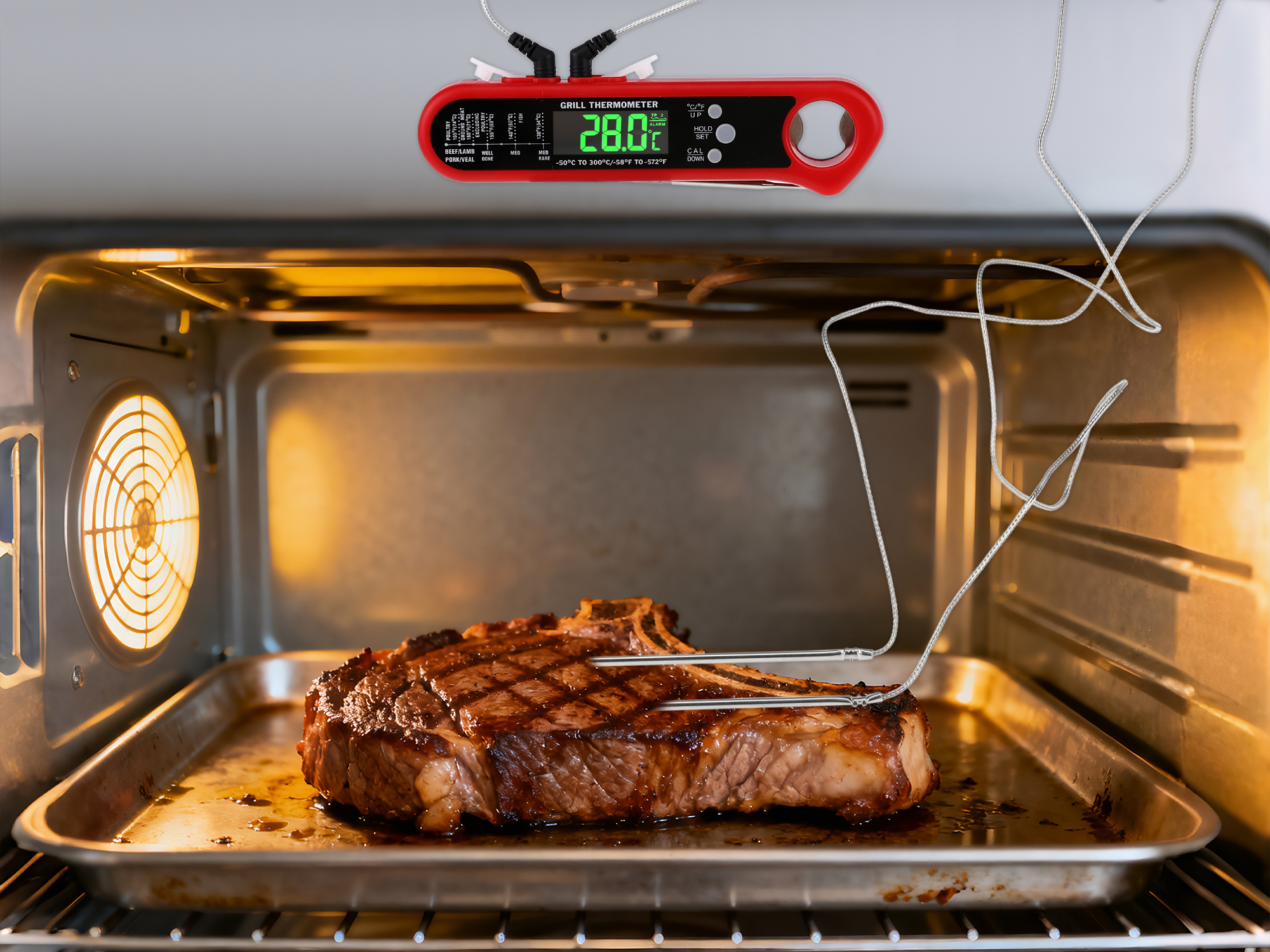 Unique Bargains Instant Read Food Thermometer Dual Probe Cooking Tool Red 6.3x1.4x1 in