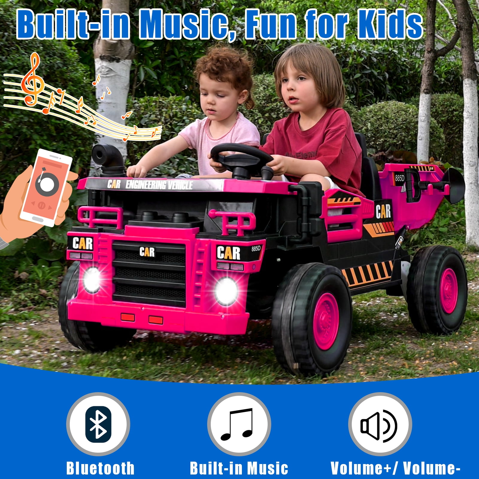 FINITO 12V 10Ah Ride on Toy for Toddlers, Powerful 4 Wheels Electric Dump Truck, 2 Seater Kids Ride on Car w/Parent Remote Control, Music Bluetooth Shove, Pink