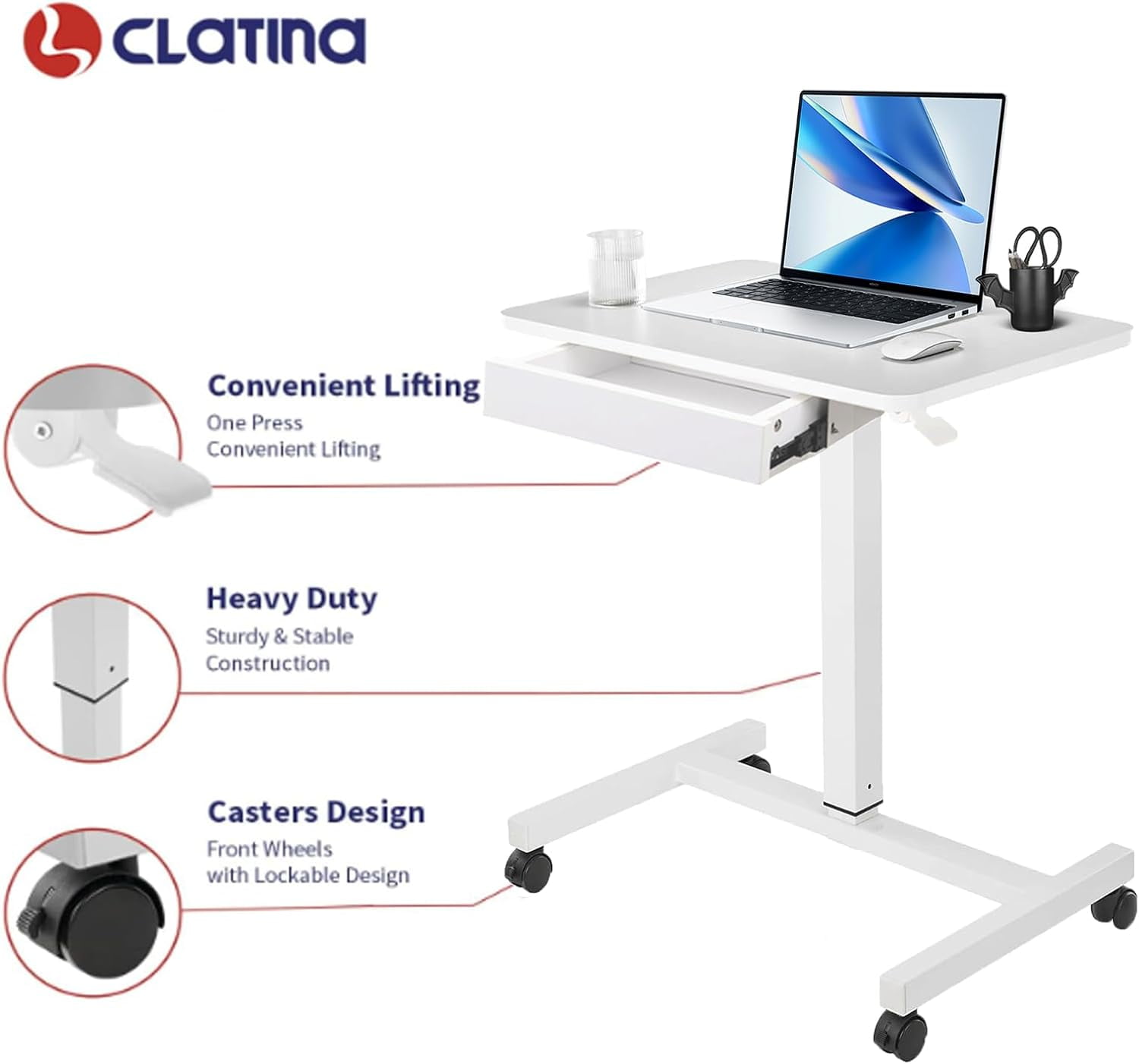 CLATINA Mobile Standing Desk, Rolling Standing Desk, Pneumatic Sit to Stand Workstation Table, Computer Cart Overbed Table with Drawer for Home Office Classroom, 28" x 19" White