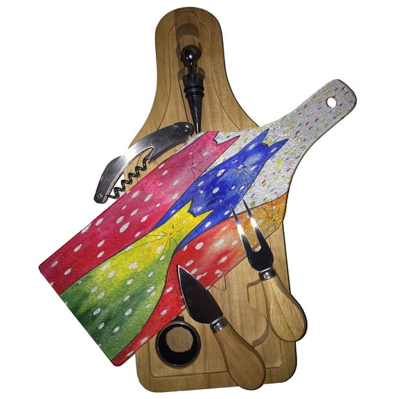 KuzmarK Wine & Cheese Glass Cutting Board Wood Box Gift Set - Fiesta Polka-Dot Kitties Abstract Cat Art by Denise Every