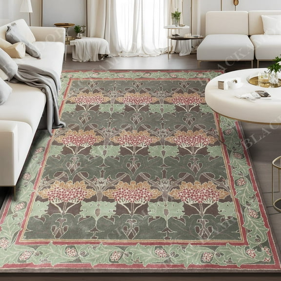 William Morris Cecil Green 9' X 12'Area Rug Handcrafted Motif Floral Design Oriental Traditional Design Non-Shedding Fine Wool Pile & Easy-Care Areas in Living Room Bedroom