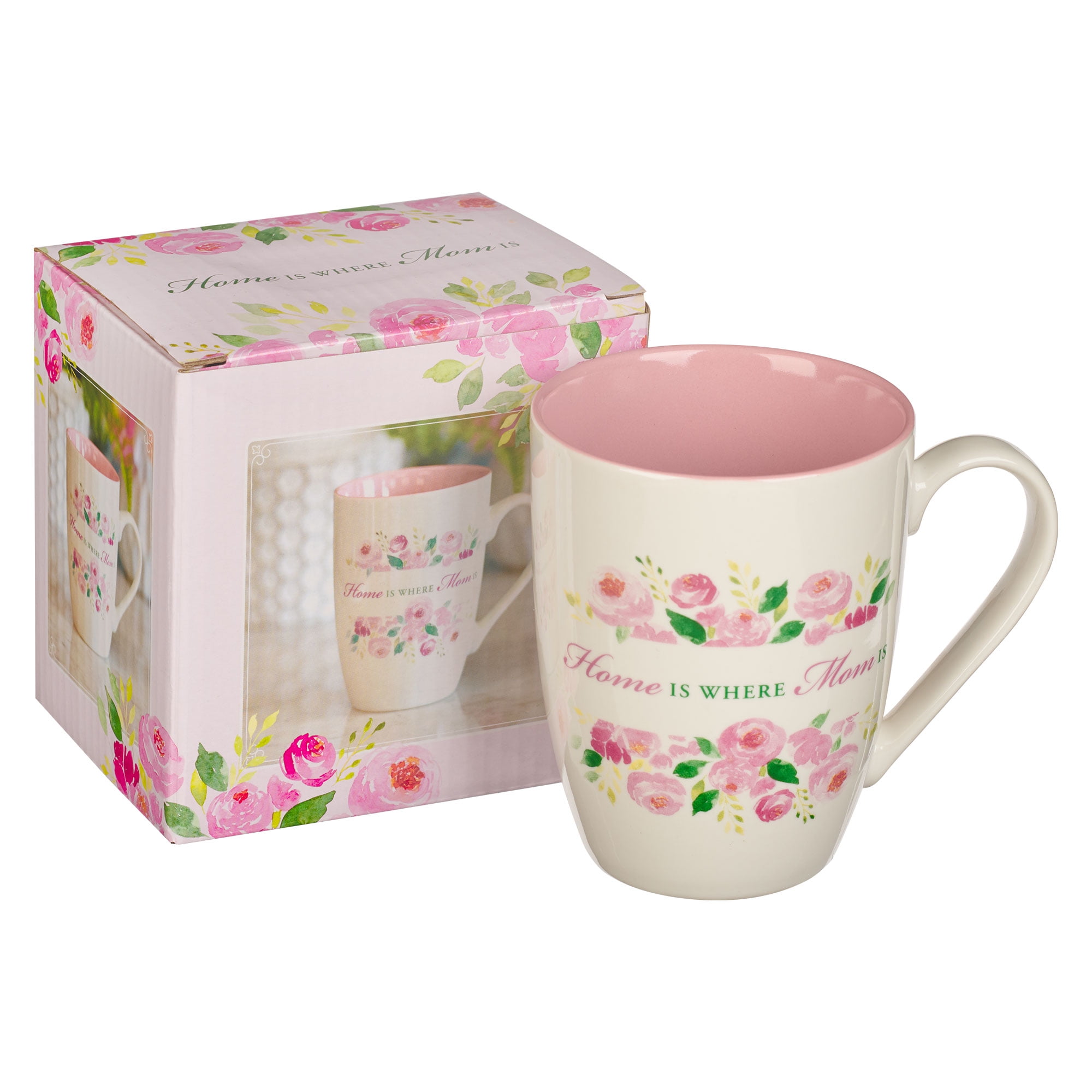Special Coffee Mug for Mothers, Home is Where Mom Is Pink Peony Flowers Inspirational Coffee/Tea Cup for Her Birthday, Mother's Day, 12oz Ceramic Microwave Dishwasher Safe, With Love
