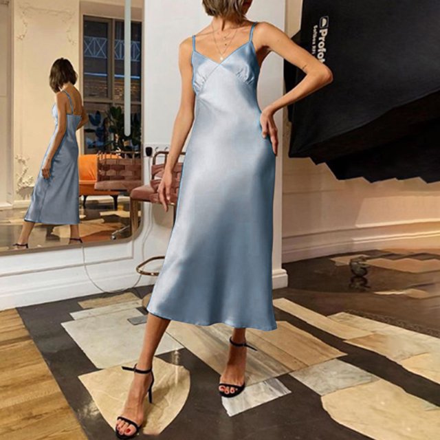 Vestido a media pierna elástico sin mangas con cuello en V profundo y tirantes finos para mujer Abanopi Aqua/XX-grande