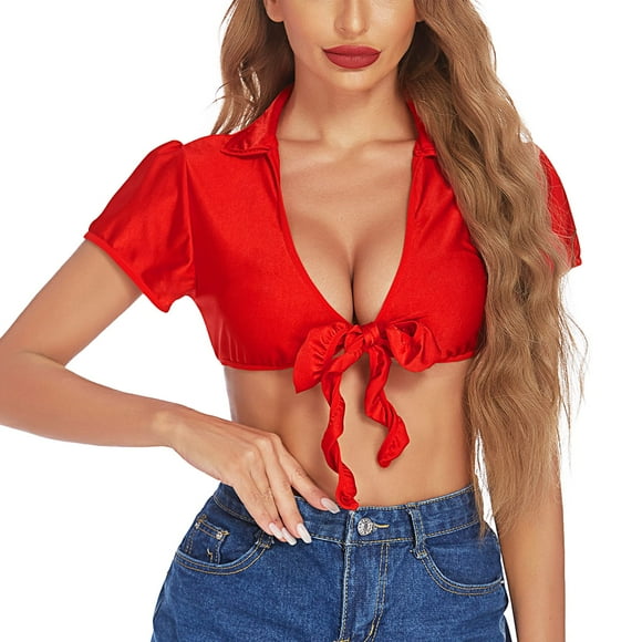 Avidlove Women Short Sleeve Bolero Cardigan Crop Top Tie up Shrug Cosplay Shirt Red, L