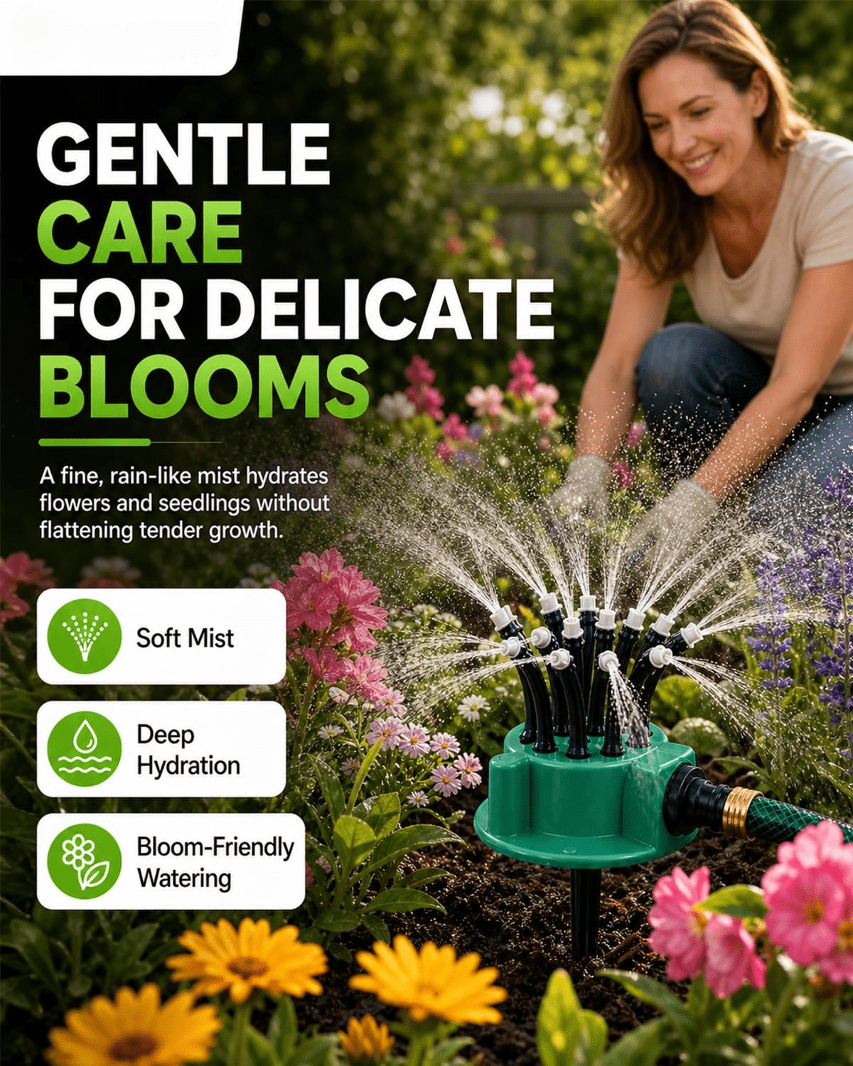 Multi-Directional Lawn Sprinkler Precision Garden Irrigation with Flexible Spray Nozzles Rotating Multi-arm Roof Cooling System Flower Shape Head Water Spray Head for Hose Yard Grass
