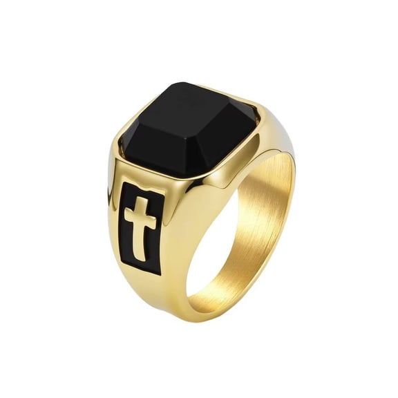 PAMTIER Jewelry Stainless Steel Retro Street Trendy Unisex Black Gemstone Cross Men's Minimalist Graduation Wedding Rings Gold Size 13