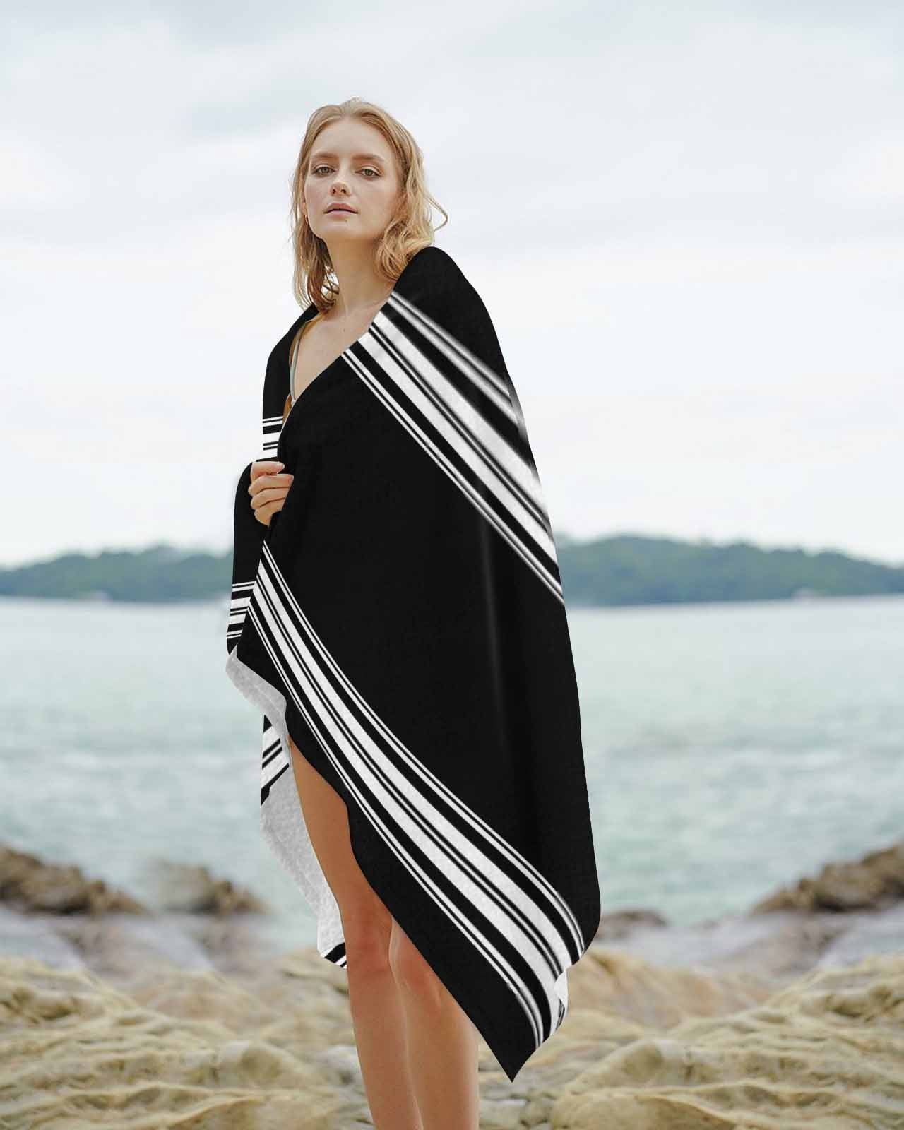 Black Striped Beach Towels Oversized Super Absorbent, Farmhouse Black White Stripes Lightweight Bath Towel Quick Dry Sets For Bathroom/Pool/Rv Camping/Beach Play/Gym Room/Picnic 30"x60"
