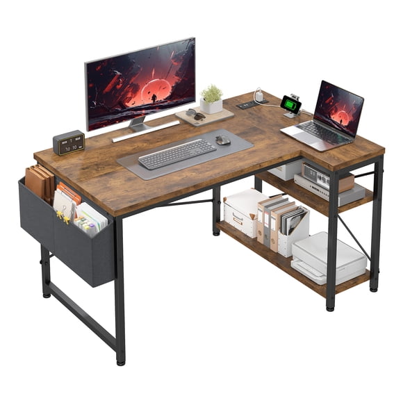 Exenoray Bureau d'Ordinateur en L avec Prise de Courant, Bureau d'Angle Réversible de 40 Pouces avec Tablette de Rangement et Organisateur en Tissu, Poste de Travail de Bureau à Domicile Gain de Place, Brun Rustique