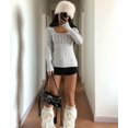 thumbnail image 4 of Women'S Boat Neck Cable Knit Sweater, Long Sleeve Off Shoulder Ribbed Slim Fit Pullover Tops Cute Fall Outfits Gray L, 4 of 7