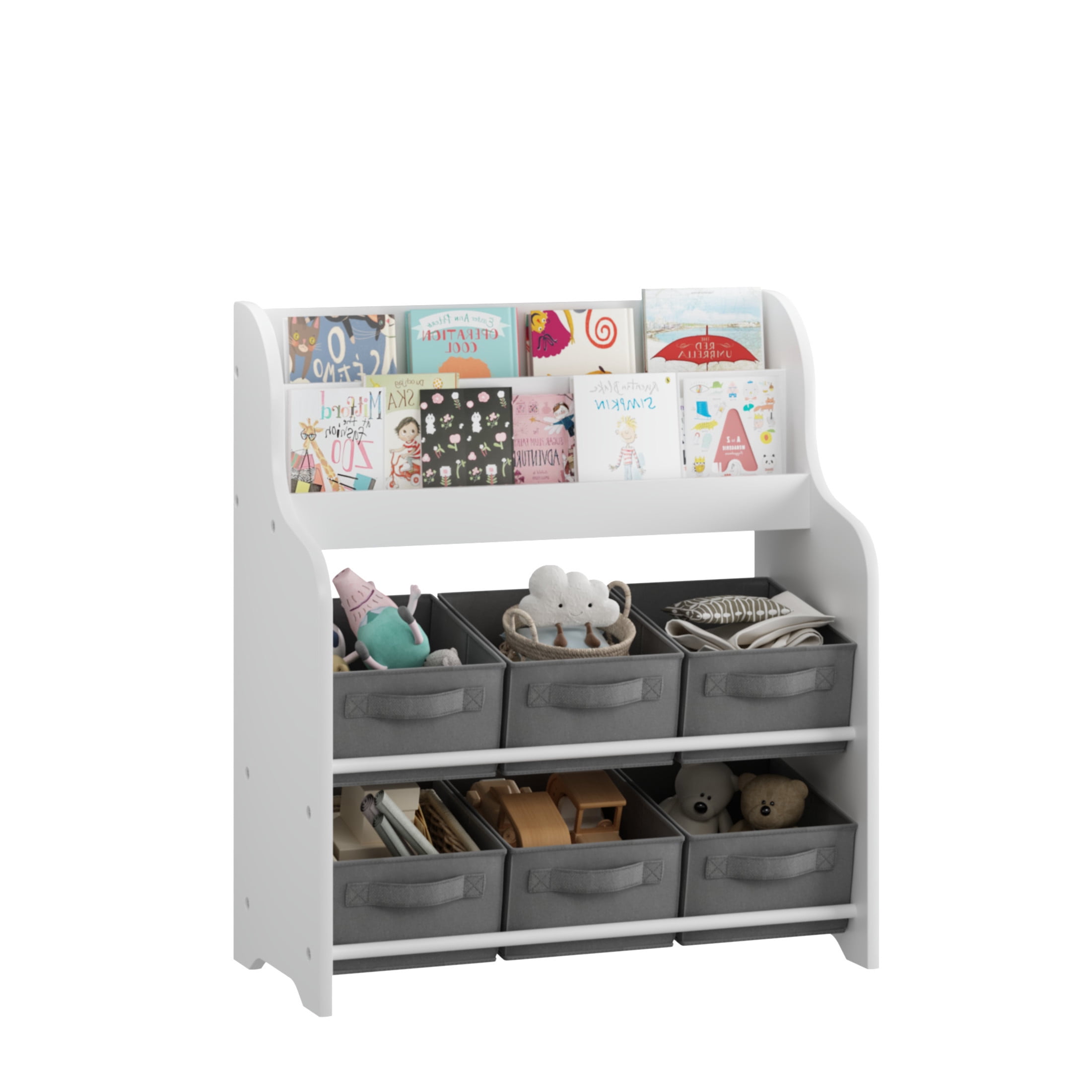 Noble House Kids Bookshelf with Fabric Bins, Front-Facing Book and Toy Organizer for Nursery or Playroom, White & Gray