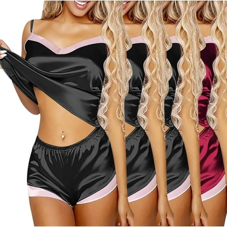 Njoeus Plus Size Sleepwear Pajama Shorts Women 4Pc Tops+ 4Pc Shorts: Women Elegant Fashion Sexy V-Neck Print Lingerie Satin Underwear Pajama Suit Matching Pjs Savings Navy XL