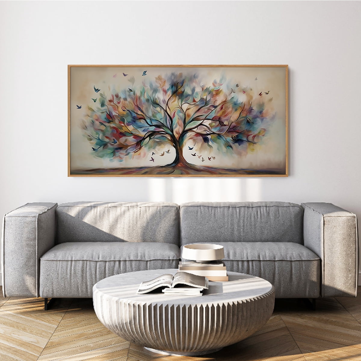 TOARTi Tree of Life Framed Canvas Wall Art Abstract Bird with Colorful Leaves Painting Nature Big Tree Decor for Living Room Bedroom Office 20x40 Inch