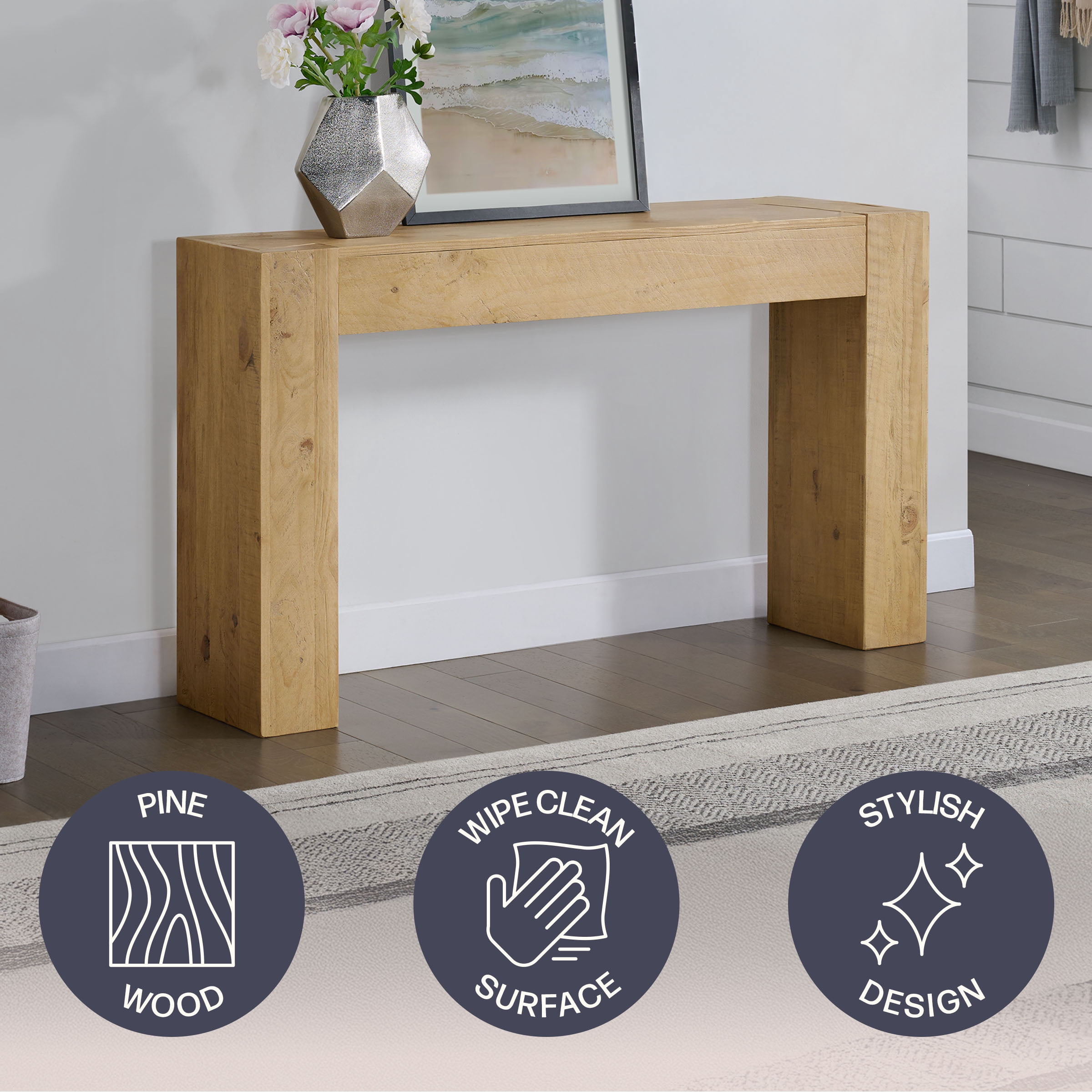 Alaterre Furniture Stockyard Solid Wood Console Table - 56in Modern Farmhouse Entryway Table, Light Oak