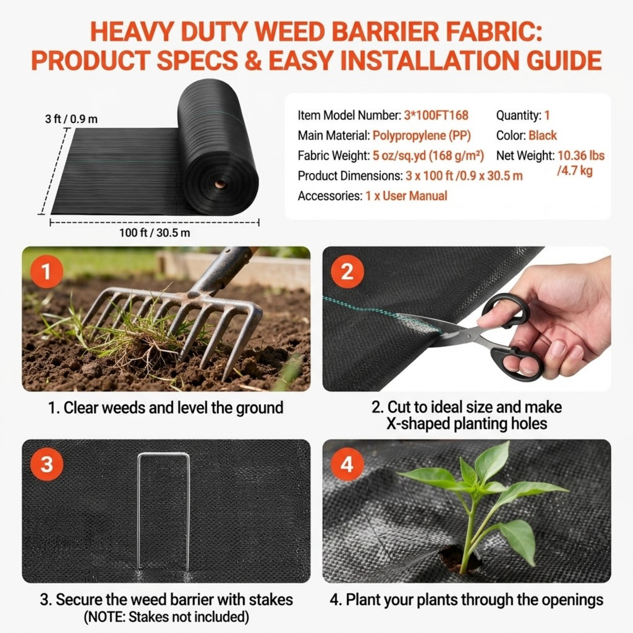 JUVOCT 3x100 ft 5oz Heavy Duty Weed Barrier Fabric, Woven Landscape Fabric
