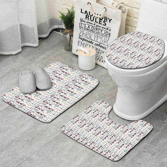 White Christmas Tree Pattern Bathroom Rugs Sets 3 Piece,Toilet Cover Set,Absorbent Non Slip Bathroom Mats Sets with U-Shaped Contour Rug Toilet Rug Set