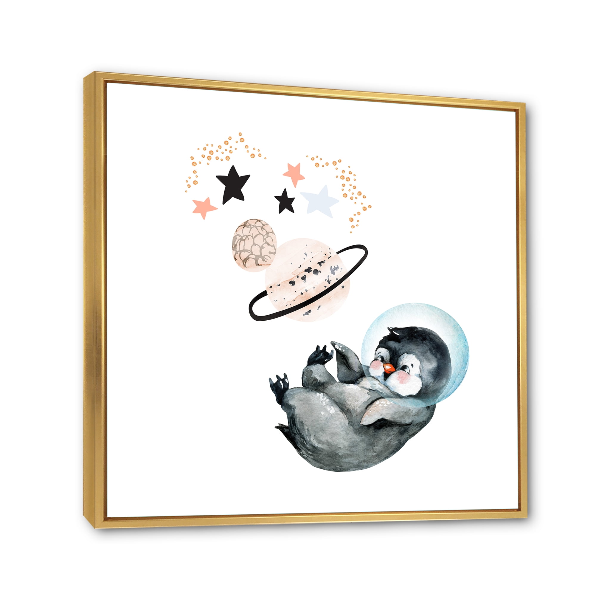 Designart 'Little Penguin With Planets and Stars I' Farmhouse Framed Canvas Wall Art Print
