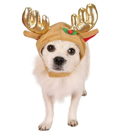 HDE Dog Reindeer Antlers Cap Christmas Holiday Pet Apparel Costume Accessory Brown Cap with Ears Antlers and Holly Leaf for Small and Medium