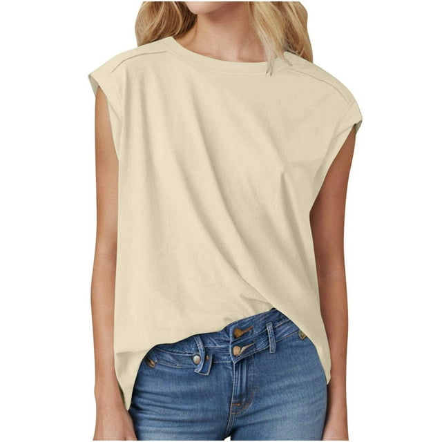 Dealovy Womens Summer Tops Cap Sleeve Crew Neck Solid Color Loose Fitting Casual Plain Tees T-Shirts